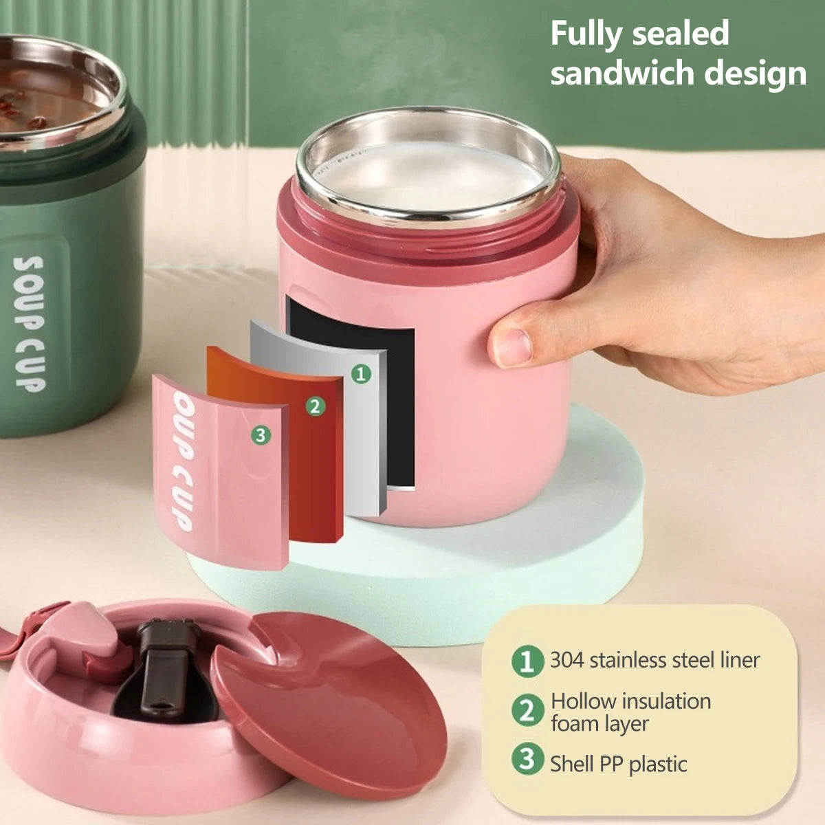 Portable 480ml Stainless Steel Thermos Food Container