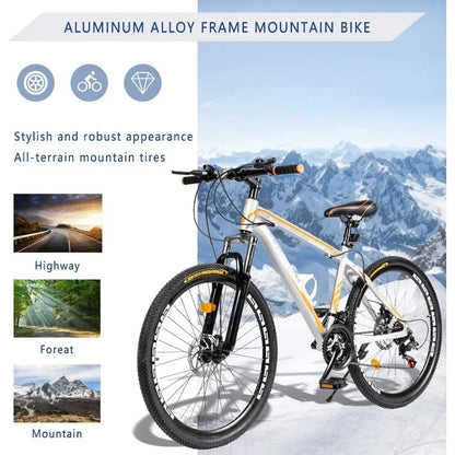 26 Inch Mountain Bike, Aluminum Frame, 21-Speed Dual Disc Brake