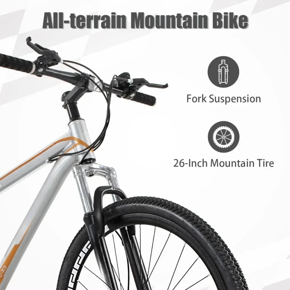 26 Inch Mountain Bike, Aluminum Frame, 21-Speed Dual Disc Brake