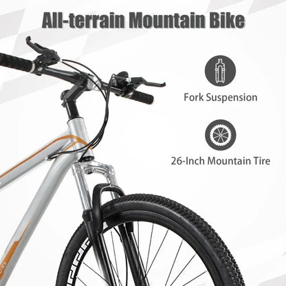 26 Inch Mountain Bike, Aluminum Frame, 21-Speed Dual Disc Brake